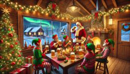 DALL·E 2024-12-22 15.02.42 - A photorealistic Christmas beer party at Santa Clauss home at the North Pole. The scene shows Santa Claus and his elves enjoying a festive celebratio.webp